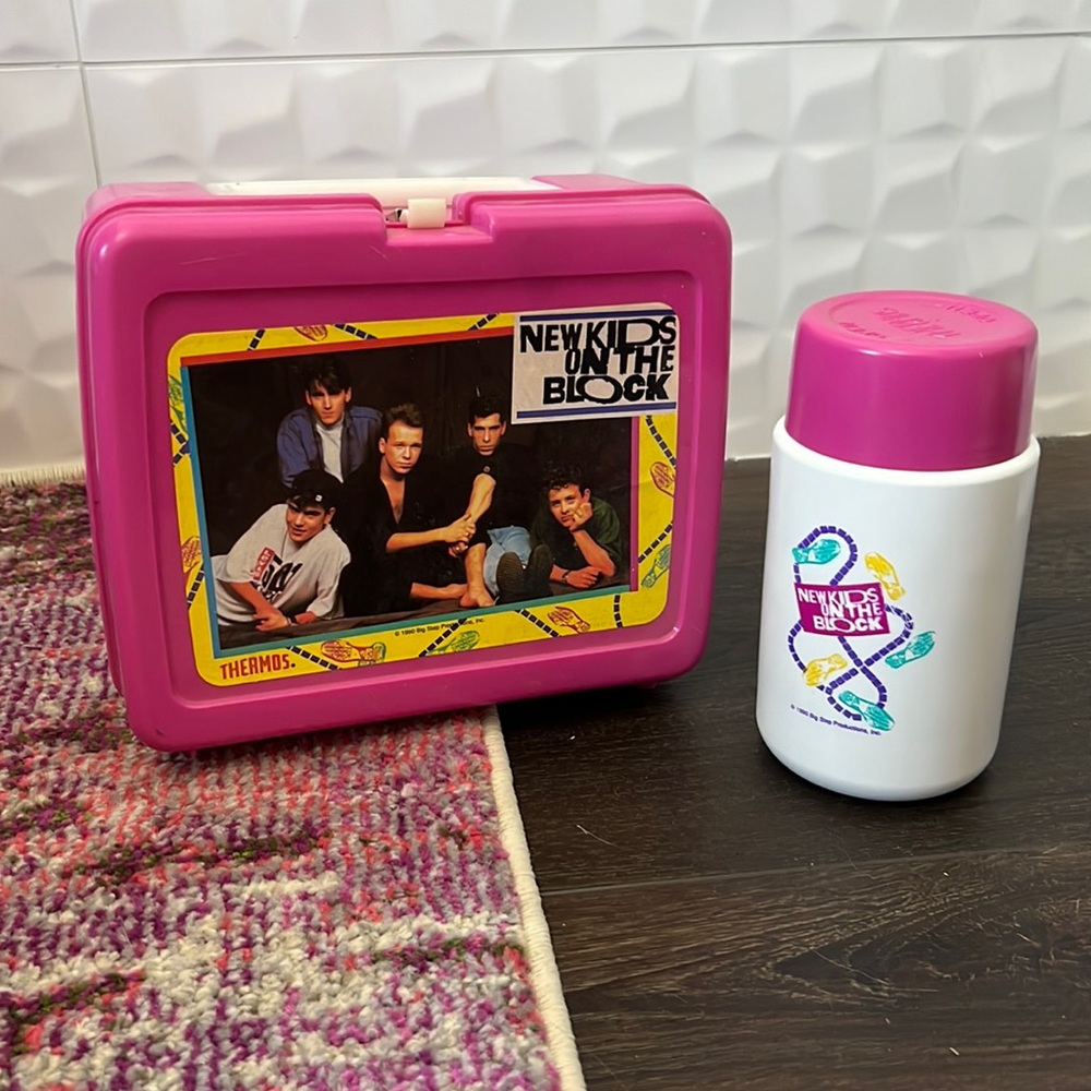 Vintage pink New Kids on the Block lunchbox and thermos set
